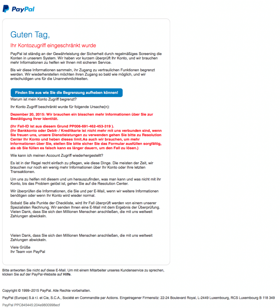 Bild der Paypal Phishing Mail